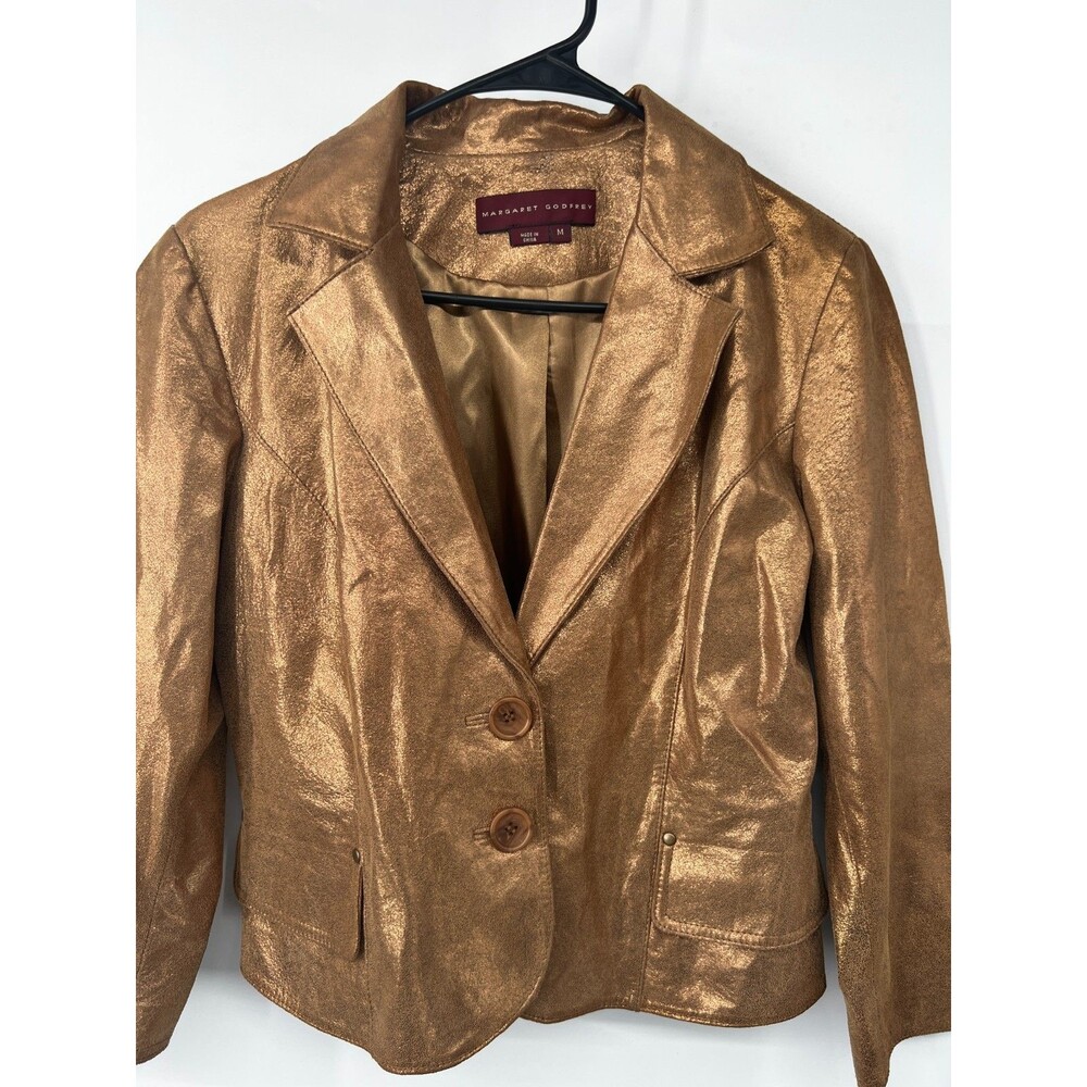 Women’s 100% Leather Blazer Jacket size medium gold mob wife Margaret Godfrey